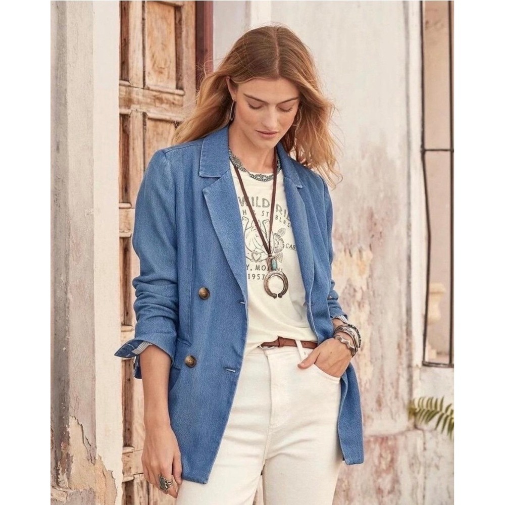 SUNDANCE Oaklee Denim Blazer Women XL Blue Lyocell Double Breasted Relax Casual